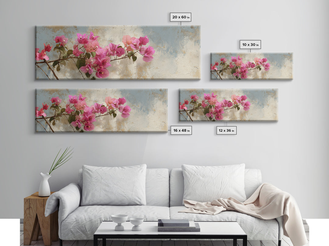 Pink Bougainvillea over White Wall Framed Canvas Print, Tropical Art, Minimalist Decor, Living Room Decor, Fine Art, Tropic, TRO-3x1-56