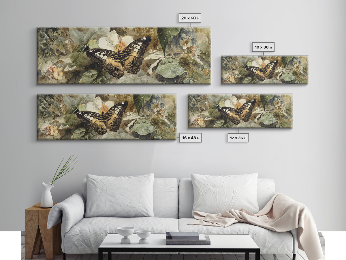 Tropical Butterfly and Flower Study Framed Canvas Print, Tropical Art, Living Room Decor, Watercolor Art, Tropic, TRO-3x1-63