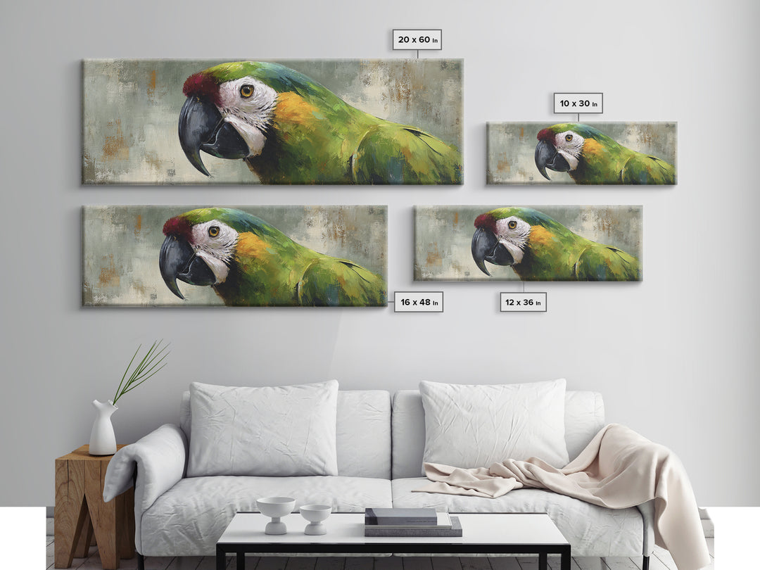 Parrot Portrait with Emerald Feathers Framed Canvas Print, Tropical Art, Wall Decor, Living Room Decor, Fine Art, Tropic, TRO-3x1-72