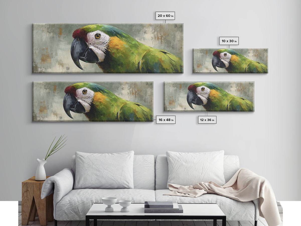Parrot Portrait with Emerald Feathers Framed Canvas Print, Tropical Art, Wall Decor, Living Room Decor, Fine Art, Tropic, TRO-3x1-72