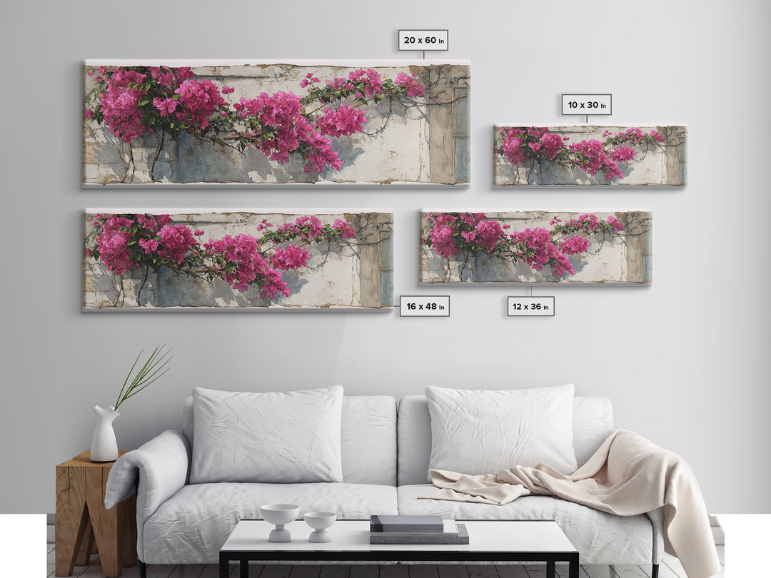 Pink Bougainvillea over White Wall Canvas Print, Tropical Art, Digital Prints, Living Room Decor, Tropic 280, Set of Prints, TRO-3x1-80