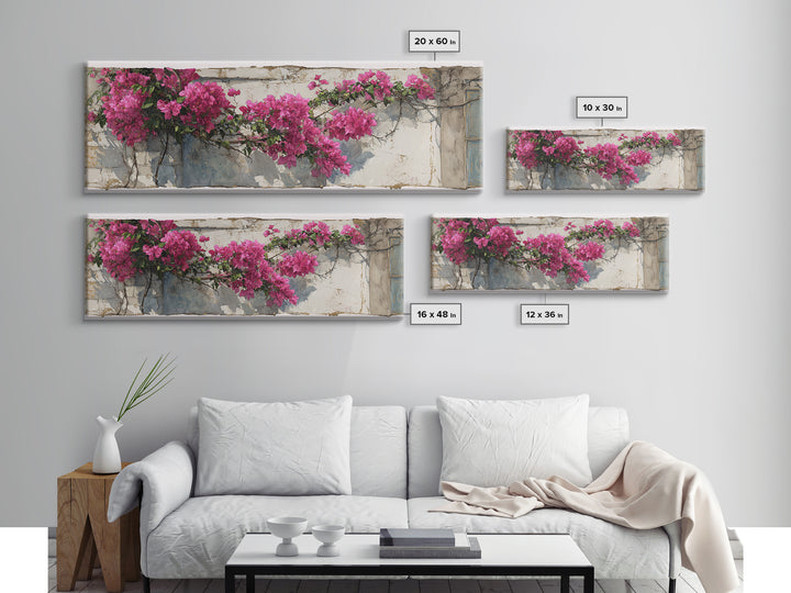 Pink Bougainvillea over White Wall Canvas Print, Tropical Art, Digital Prints, Living Room Decor, Tropic 280, Set of Prints, TRO-3x1-80
