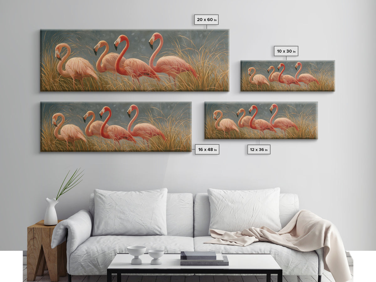 Pink Flamingos Among Tropical Water Plants Framed Canvas Print, Tropical Art, Coastal Art, Living Room Decor, Fine Art, Tropic, TRO-3x1-90