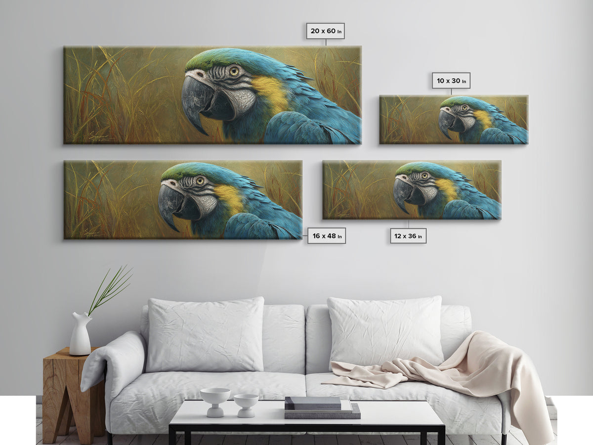 Parrot Portrait with Emerald Feathers Canvas Print, Tropical Art, Textured Painting, Living Room Decor, Fine Art, Tropic, TRO-3x1-96