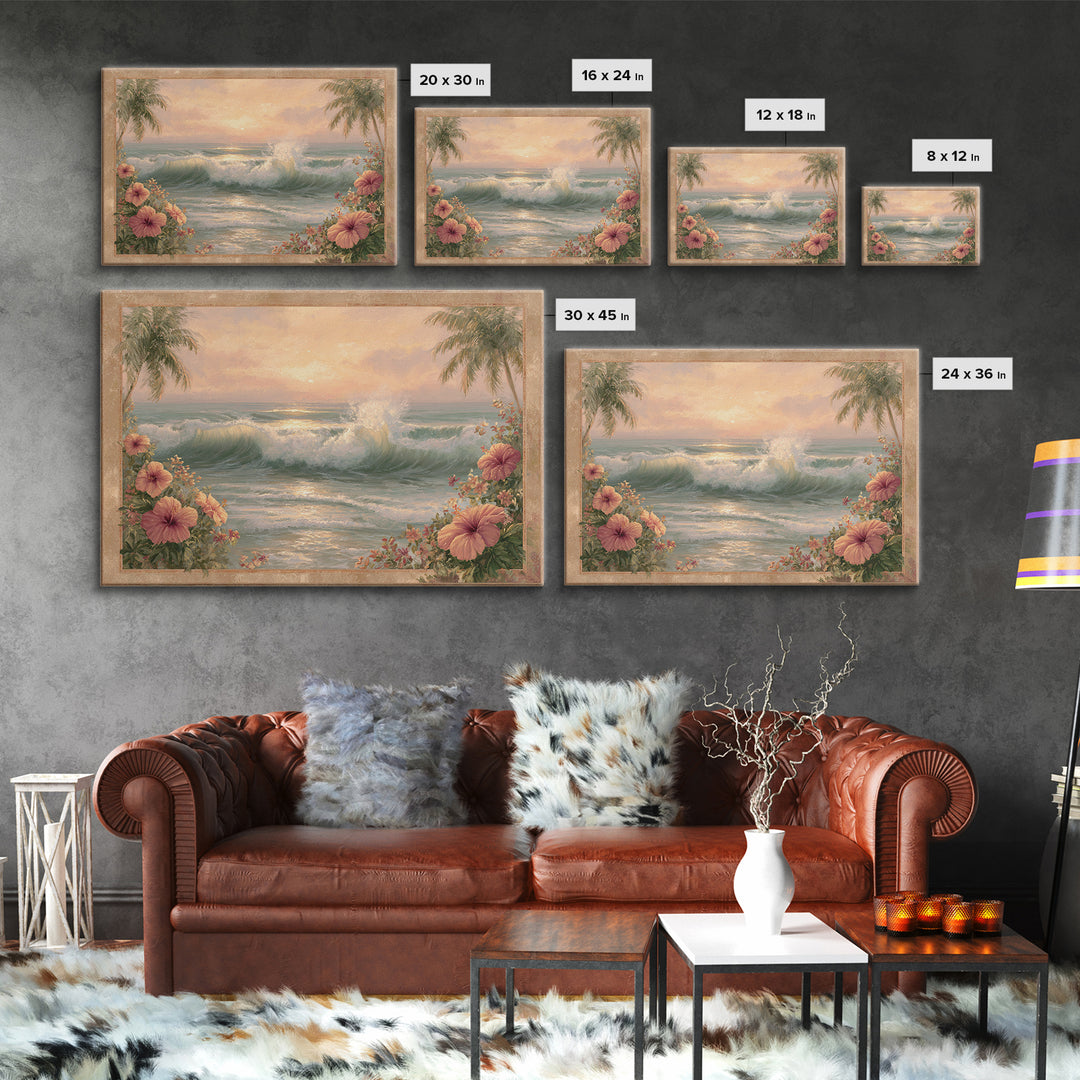 Sunset Surf Scene Canvas Print, Tropical Art, Bird Art, Living Room Decor, Watercolor Art, Tropic, Whimsical Art, Botanical Art, TRO-3x2-26