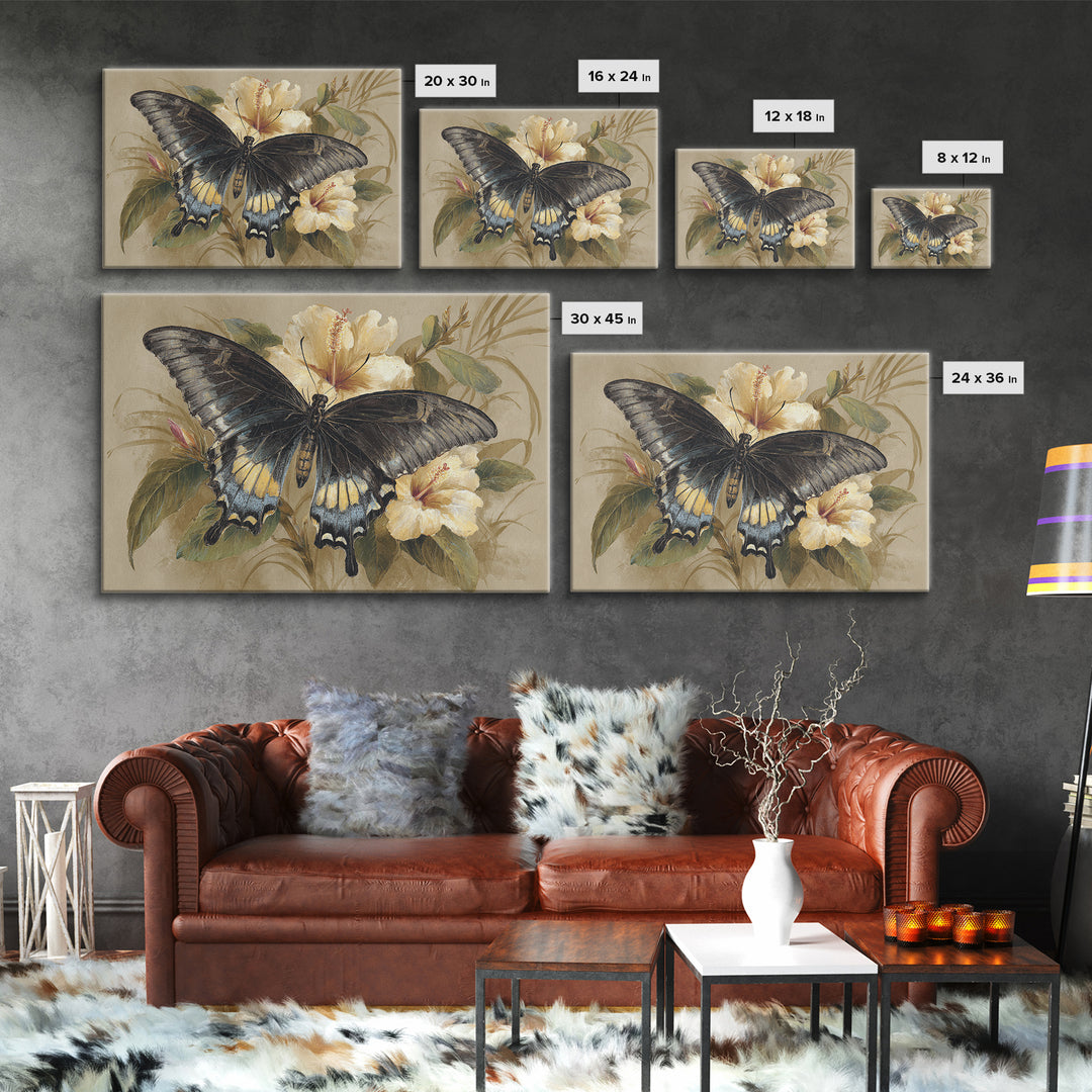 Tropical Butterfly and Flower Study Framed Canvas Print, Tropical Art, Gallery Decor, Living Room Decor, Fine Art, Tropic, TRO-3x2-27