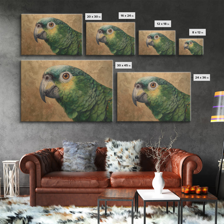 Parrot Portrait with Emerald Feathers Framed Canvas Print, Tropical Art, Whimsical Art, Living Room Decor, Fine Art, Tropic, TRO-3x2-36