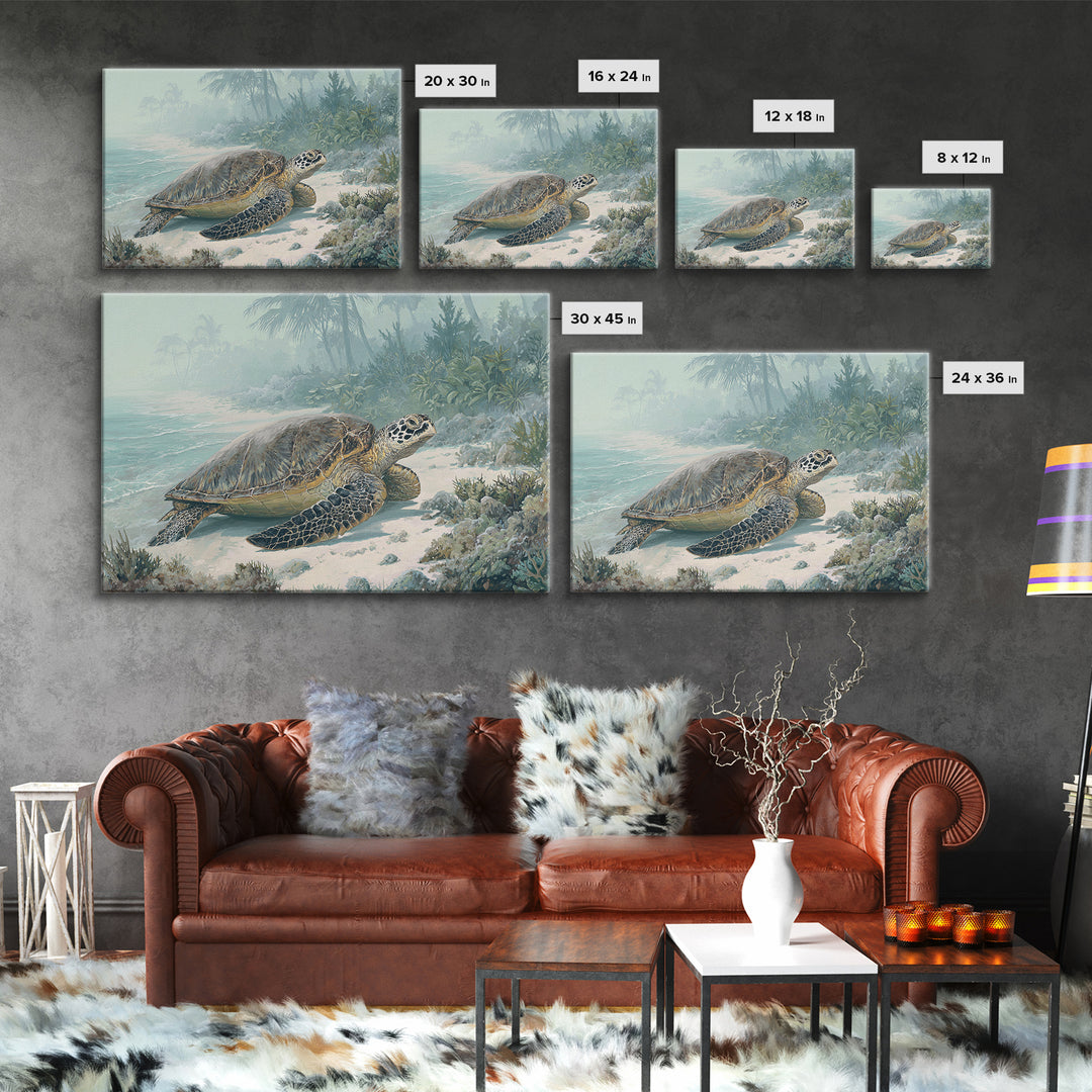 Sea Turtle Near Tropical Reef Framed Canvas Print, Tropical Art, Digital Art, Living Room Decor, Oil Painting, Tropic, TRO-3x2-47