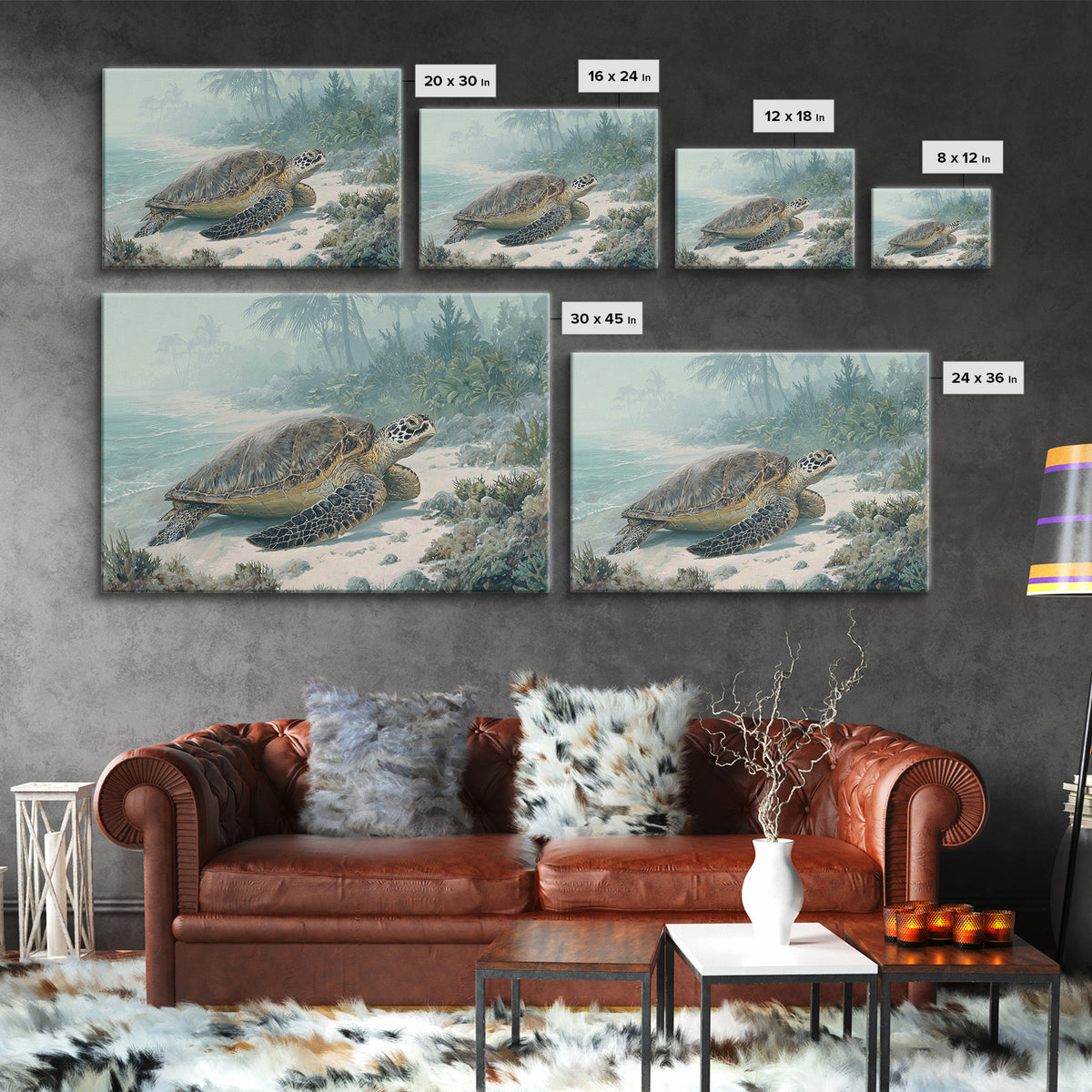 Sea Turtle Near Tropical Reef Framed Canvas Print, Tropical Art, Digital Art, Living Room Decor, Oil Painting, Tropic, TRO-3x2-47