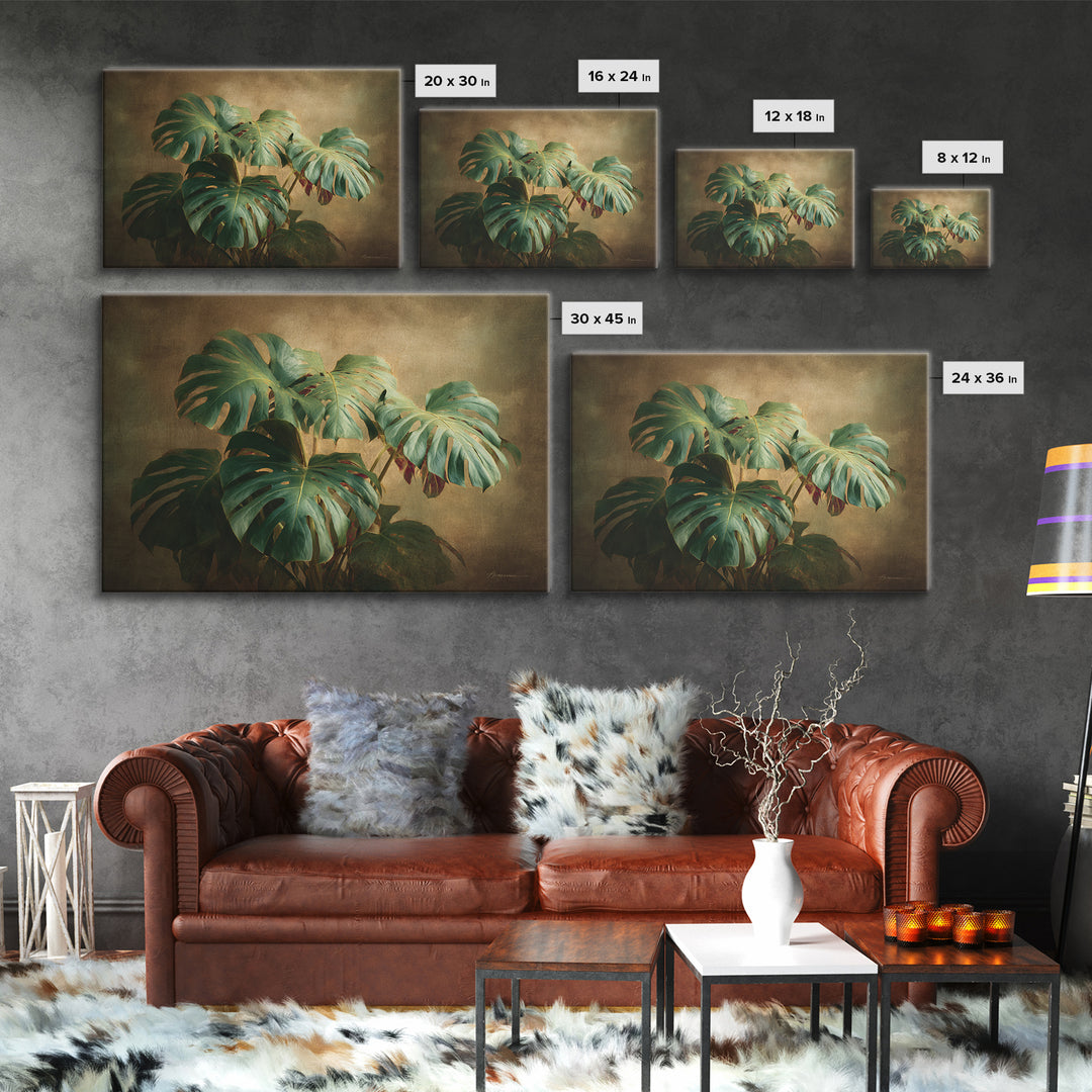 Lush Monstera Leaves Framed Canvas Print, Tropical Art, Gallery Wall Art, Living Room Decor, Fine Art, Tropic, TRO-3x2-5