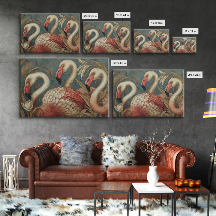 Pink Flamingos Among Tropical Water Plants Framed Canvas Print, Tropical Art, Set of 3 Prints, Living Room Decor, Tropic, TRO-3x2-6