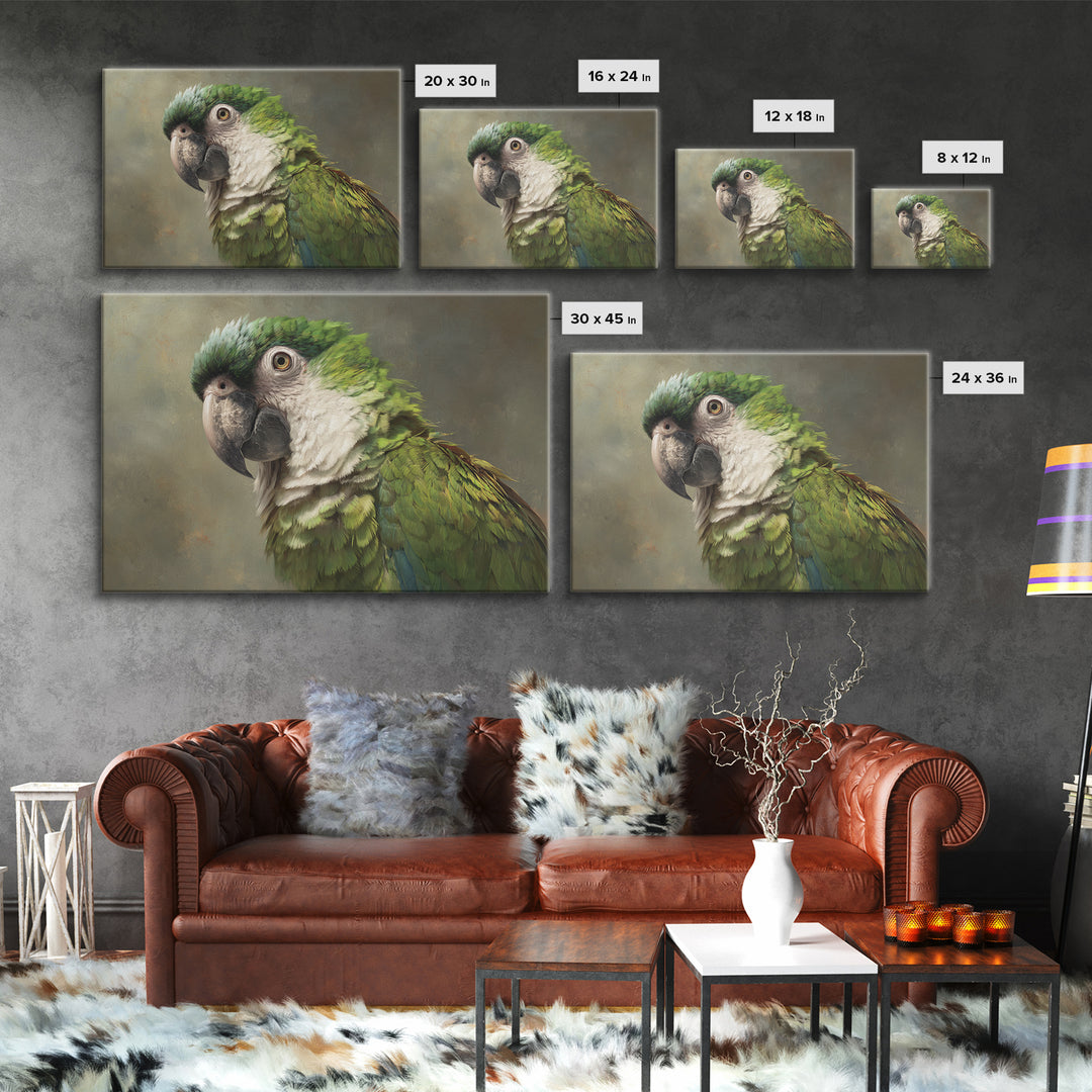 Parrot Portrait with Emerald Feathers Framed Canvas Print, Tropical Art, Textured Painting, Living Room Decor, Fine Art, Tropic, TRO-3x2-60