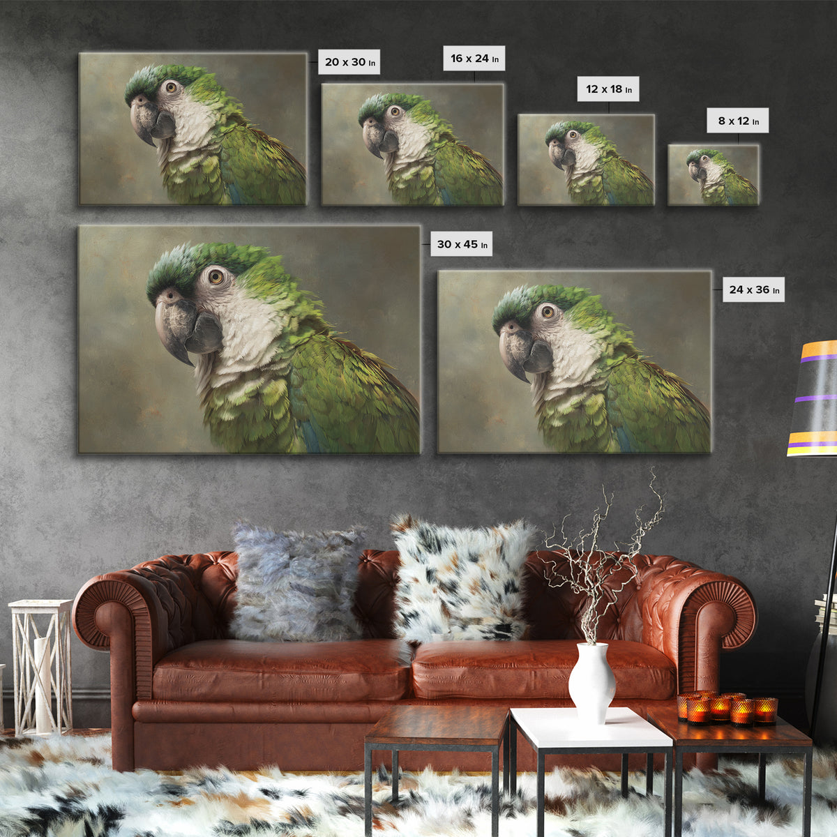 Parrot Portrait with Emerald Feathers Framed Canvas Print, Tropical Art, Textured Painting, Living Room Decor, Fine Art, Tropic, TRO-3x2-60