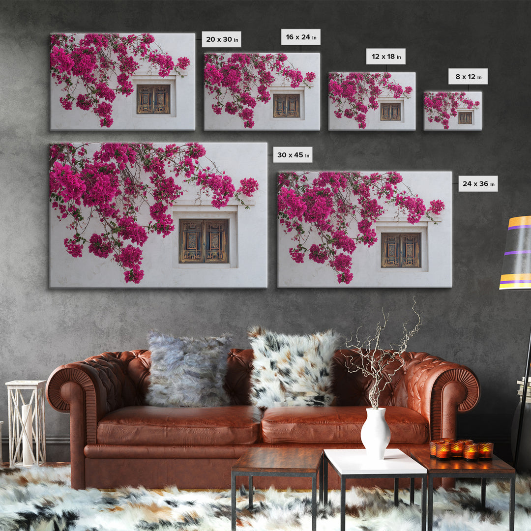 Pink Bougainvillea over White Wall Canvas Print, Tropical Art, Minimalist Decor, Living Room Decor, Fine Art, Tropic, TRO-3x2-68