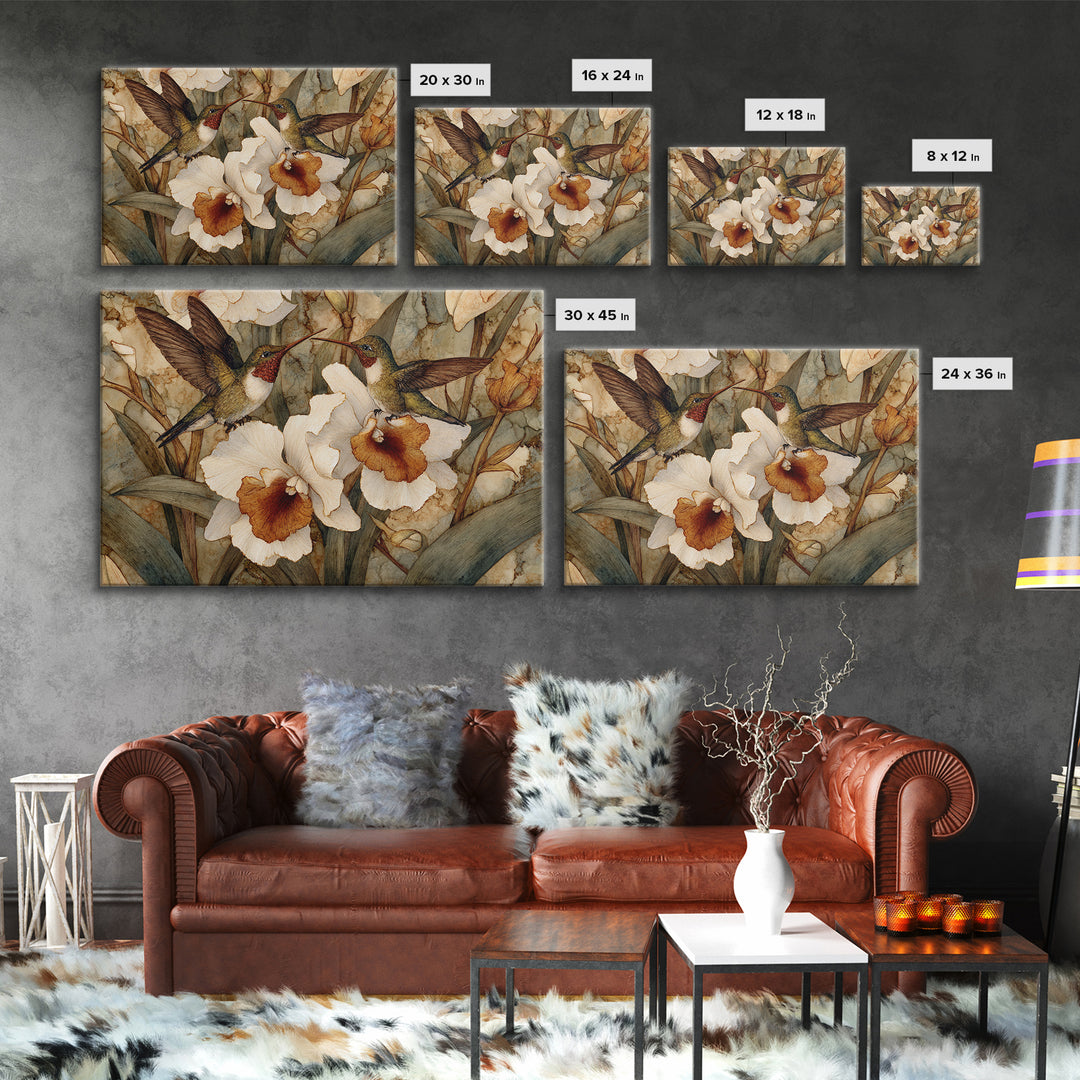 Orchid and Hummingbird Composition Framed Canvas Print, Tropical Art, Trendy Wall Art, Living Room Decor, Fine Art, Tropic, TRO-3x2-86