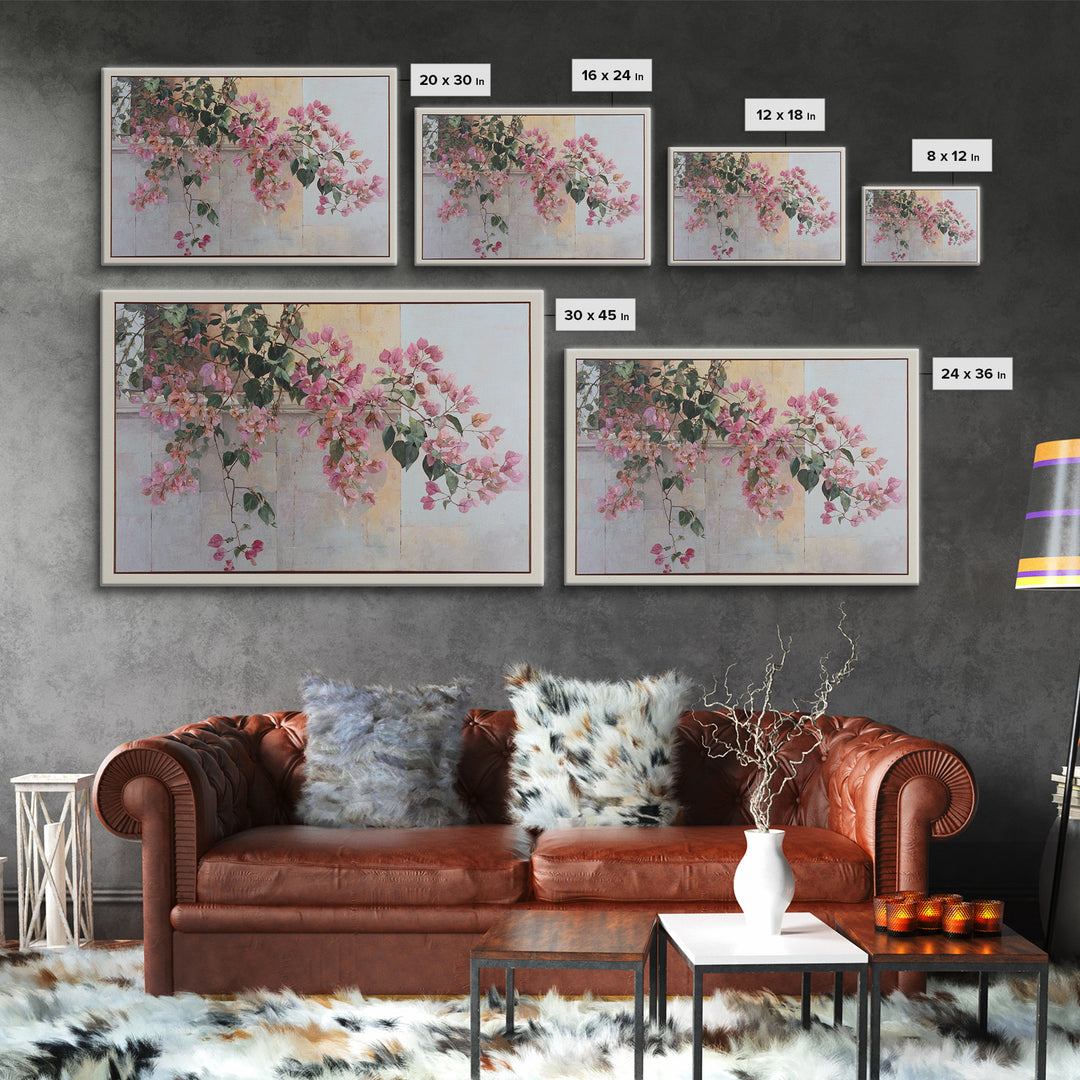 Pink Bougainvillea over White Wall Framed Canvas Print, Tropical Art, Digital Prints, Living Room Decor, Fine Art, Tropic, TRO-3x2-92