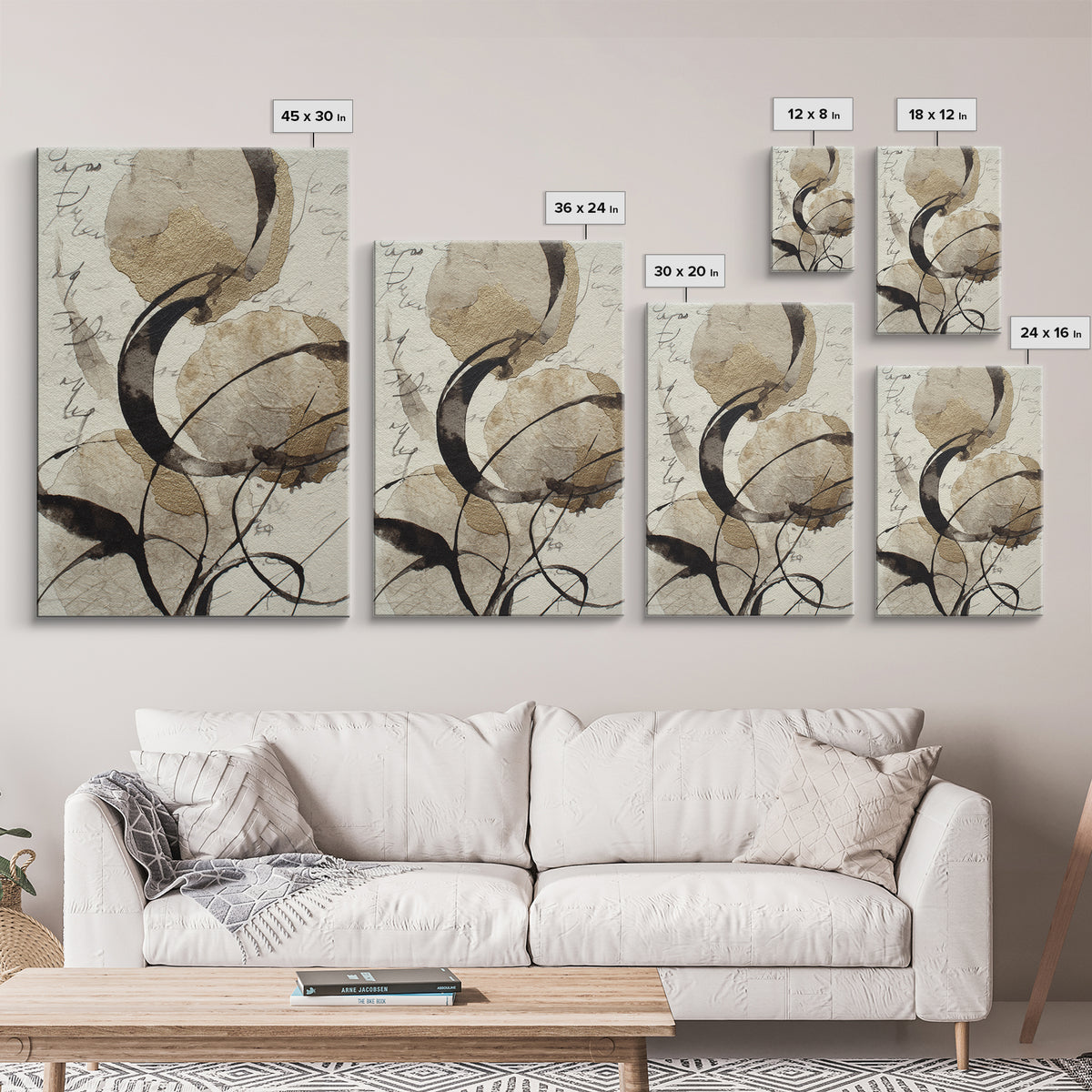 Calligraphy Swashes Forming Floral Composition Framed Canvas Print, Typography Art, Room Decor, Living Room Decor, TYP-2x3-64