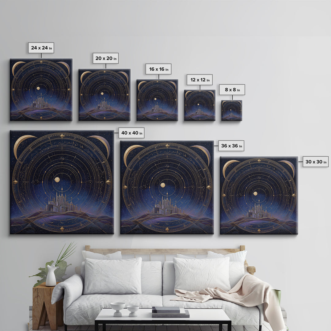 Night Skyline under Crescent Moon Framed Canvas Print, Urban Art, Digital Download Art, Living Room Decor, Abstract Art, Urban, URB-1x1-24