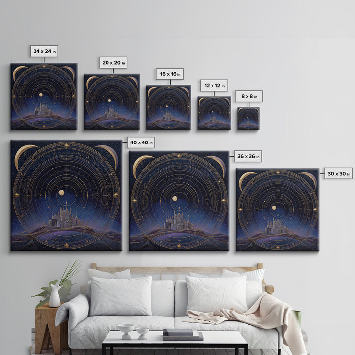 Night Skyline under Crescent Moon Framed Canvas Print, Urban Art, Digital Download Art, Living Room Decor, Abstract Art, Urban, URB-1x1-24