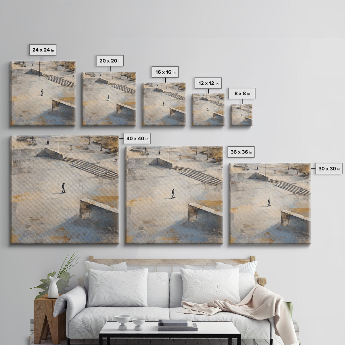 Skateboarder Crossing a Concrete Plaza Canvas Print, Urban Art, Black Wall Art, Living Room Decor, Fine Art, Urban, Queer Art, URB-1x1-31