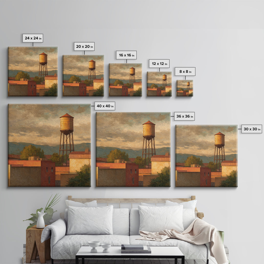 Rooftop Water Tower Framed Canvas Print, Urban Art, Statement Artwork, Living Room Decor, Abstract Art, Urban, Wall Decor, URB-1x1-57