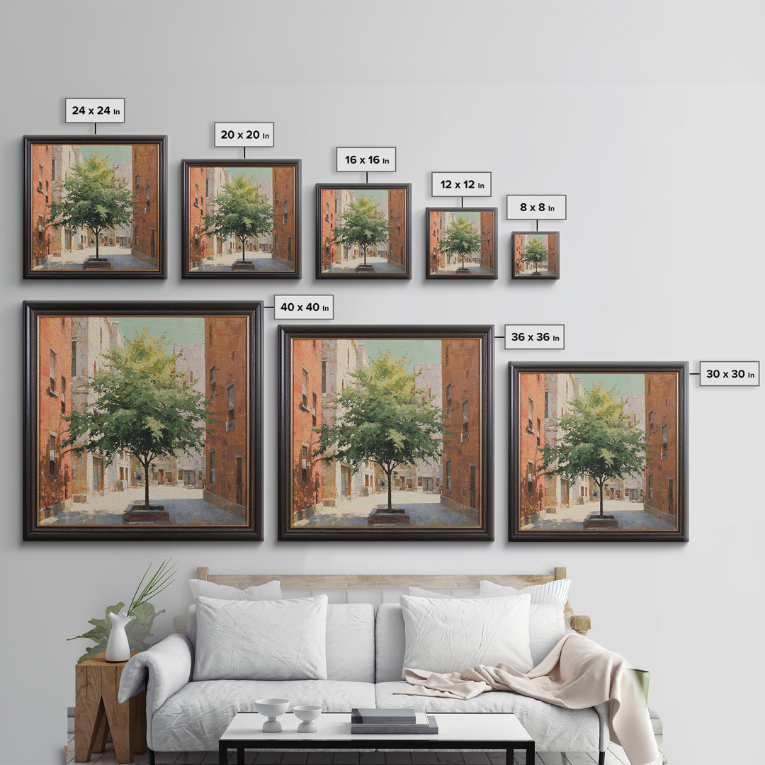 City Park Tree Framed by Buildings Framed Canvas Print, Urban Art, Colorful Wall Art, Living Room Decor, Abstract Art, Urban, URB-1x1-66