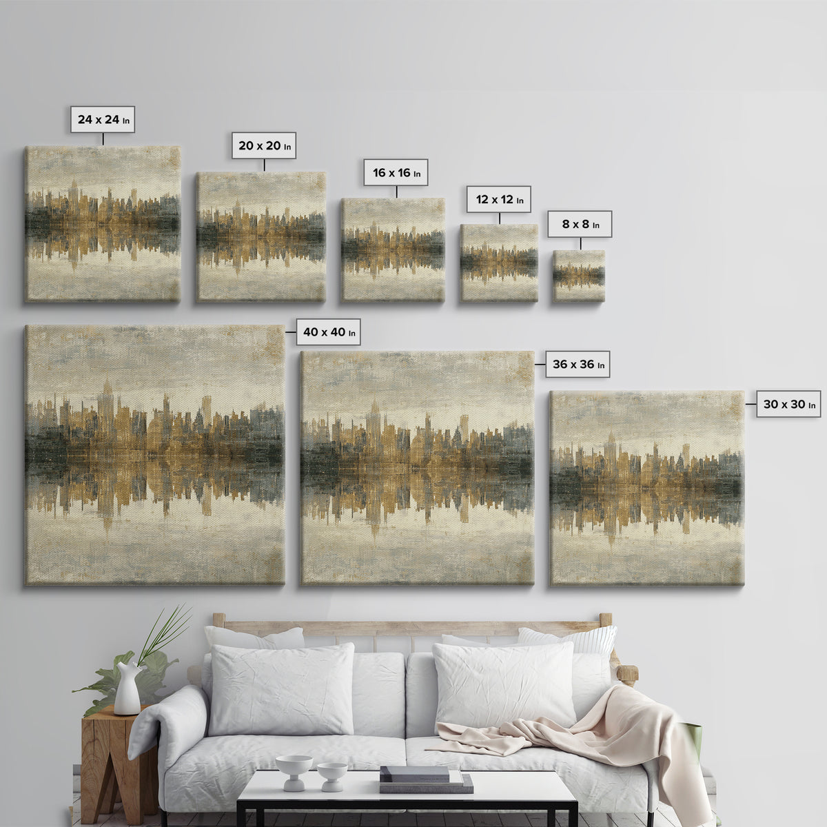 Moody City Skyline Reflected Framed Canvas Print, Urban Art, Art Print, Living Room Decor, Abstract Art, Urban, Oil Painting, URB-1x1-73