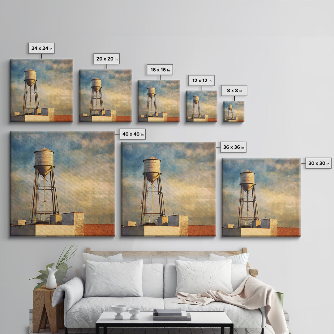 Rooftop Water Tower Canvas Print, Urban Art, Textured Painting, Living Room Decor, Urban, Original Art, Canvas Wall Art, URB-1x1-81