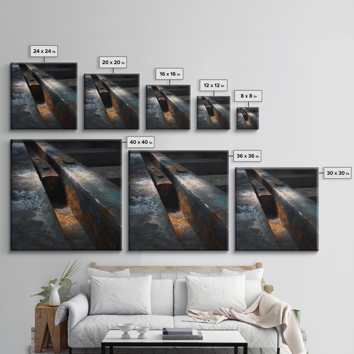 Industrial Rail Tracks Leading into City Canvas Print, Urban Art, Queer Art, Living Room Decor, Fine Art, Urban, URB-1x1-94