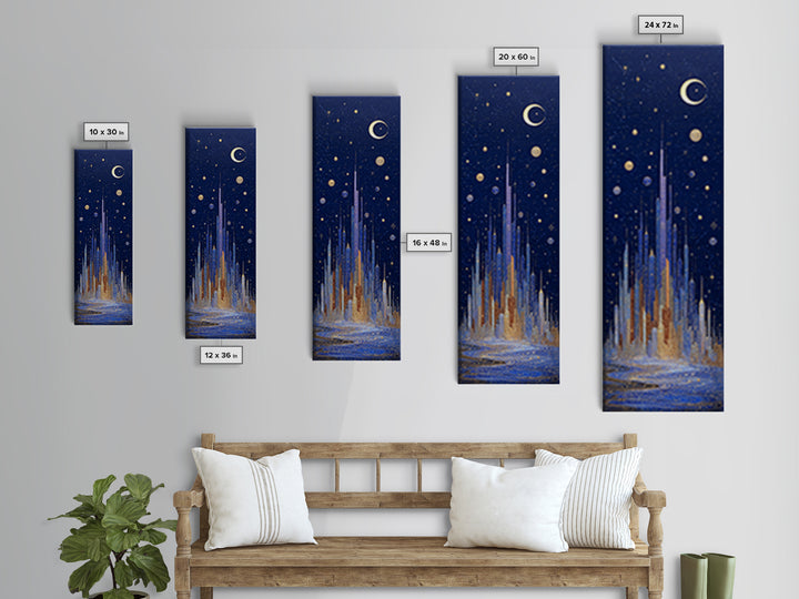 Night Skyline under Crescent Moon Canvas Print, Urban Art, Boho Decor, Living Room Decor, Abstract Art, Urban, Digital Prints, URB-1x3-12