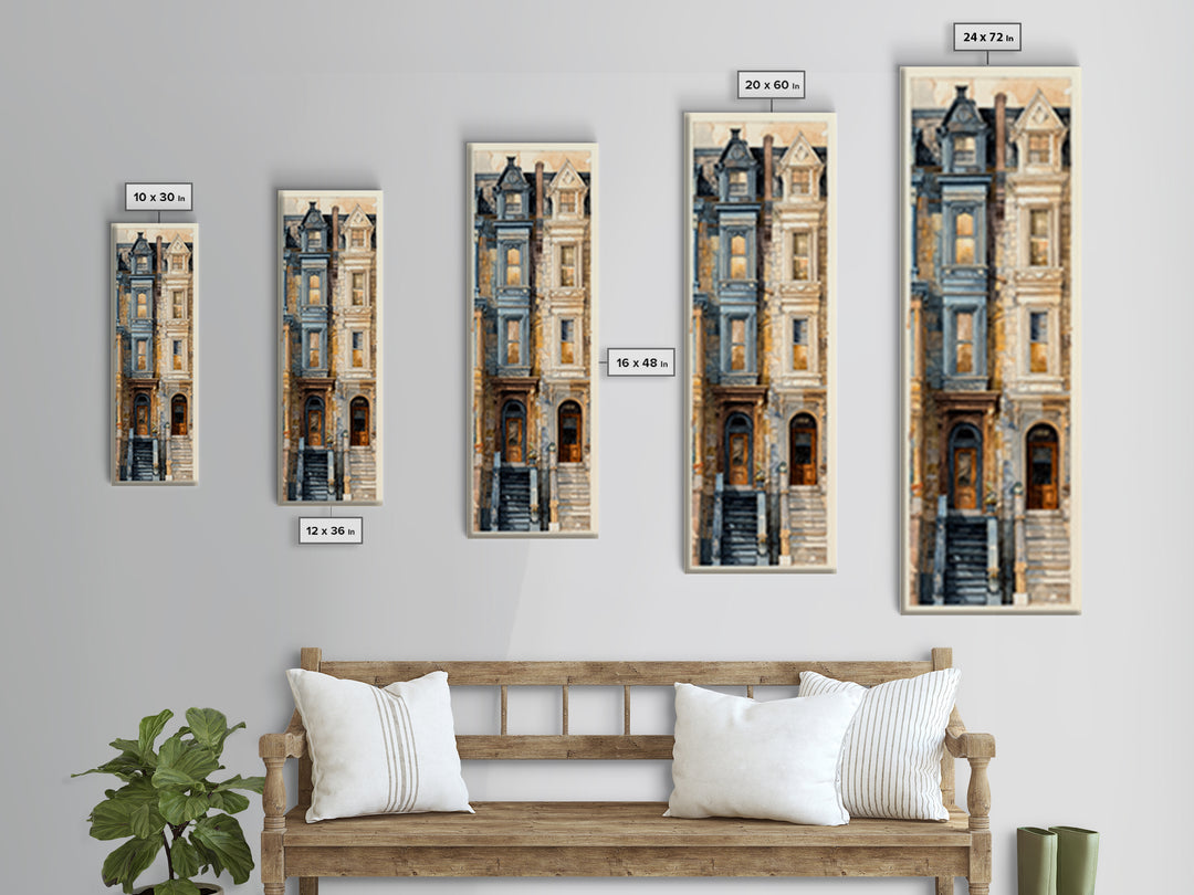 Brownstone Row in Soft Morning Light Framed Canvas Print, Urban Art, Art Print, Living Room Decor, Urban, Oil Painting, URB-1x3-24