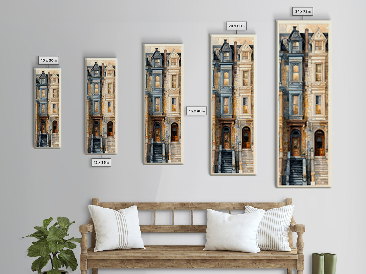 Brownstone Row in Soft Morning Light Framed Canvas Print, Urban Art, Art Print, Living Room Decor, Urban, Oil Painting, URB-1x3-24