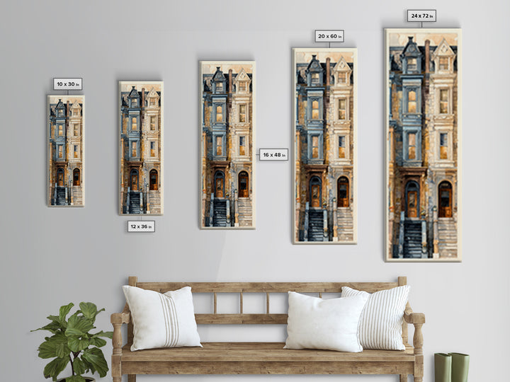Brownstone Row in Soft Morning Light Framed Canvas Print, Urban Art, Art Print, Living Room Decor, Urban, Oil Painting, URB-1x3-24