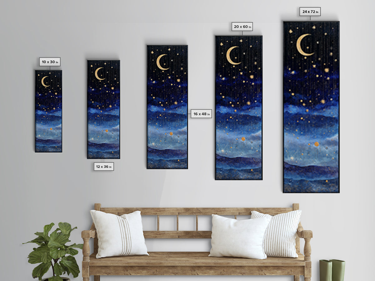 Night Skyline under Crescent Moon Canvas Print, Urban Art, Wall Decor, Living Room Decor, Fine Art, Urban, Living Room Wall Art, URB-1x3-60