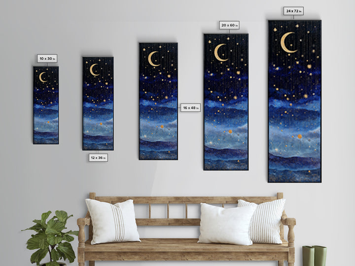 Night Skyline under Crescent Moon Canvas Print, Urban Art, Wall Decor, Living Room Decor, Fine Art, Urban, Living Room Wall Art, URB-1x3-60