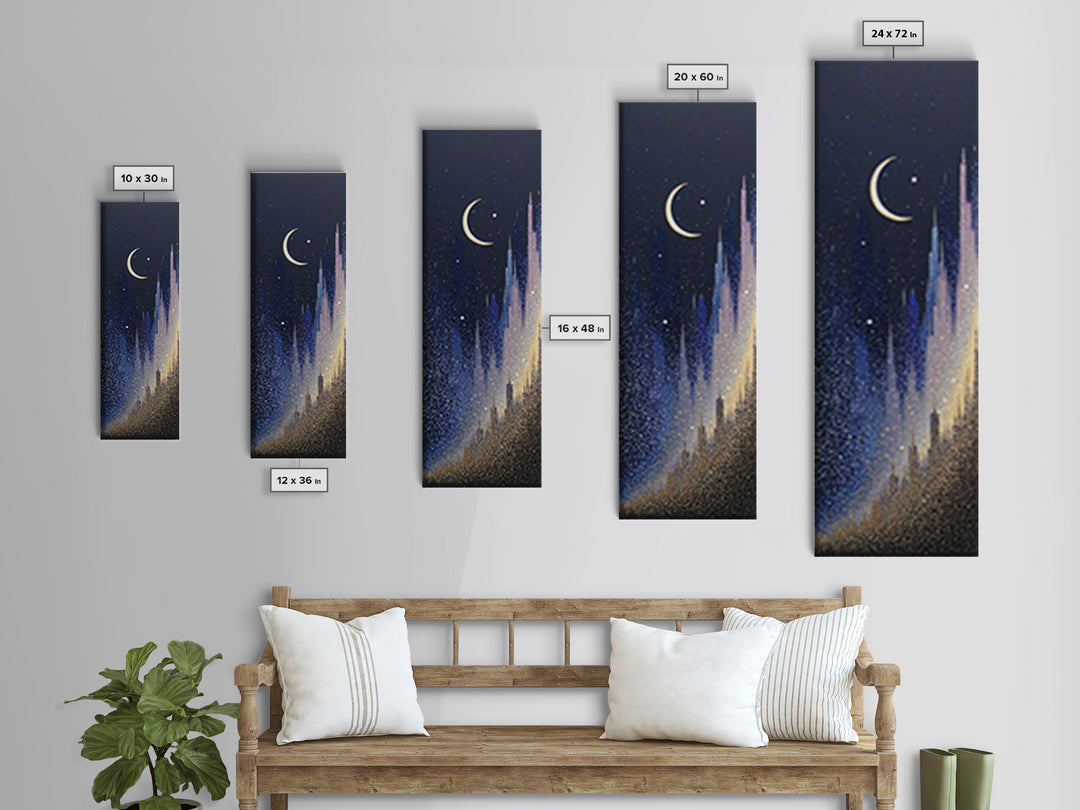 Night Skyline under Crescent Moon Framed Canvas Print, Urban Art, Original Art, Living Room Decor, Urban, Black Woman Art, URB-1x3-84