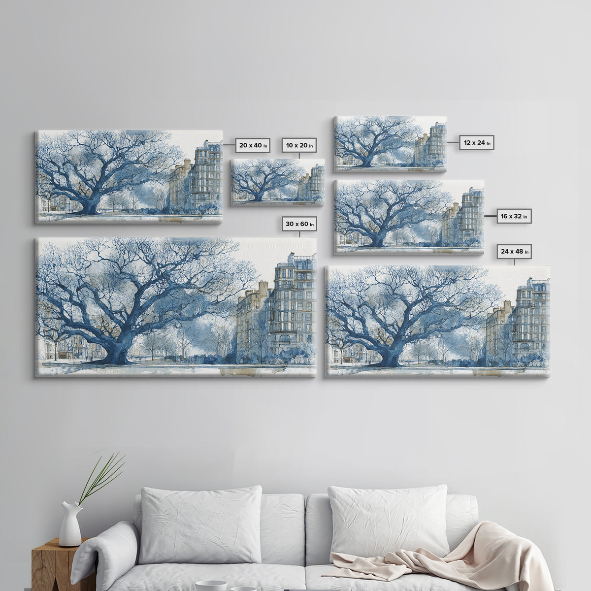 City Park Tree Framed by Buildings Framed Canvas Print, Urban Art, Fine Art Print, Living Room Decor, Watercolor Art, Urban, URB-2x1-14