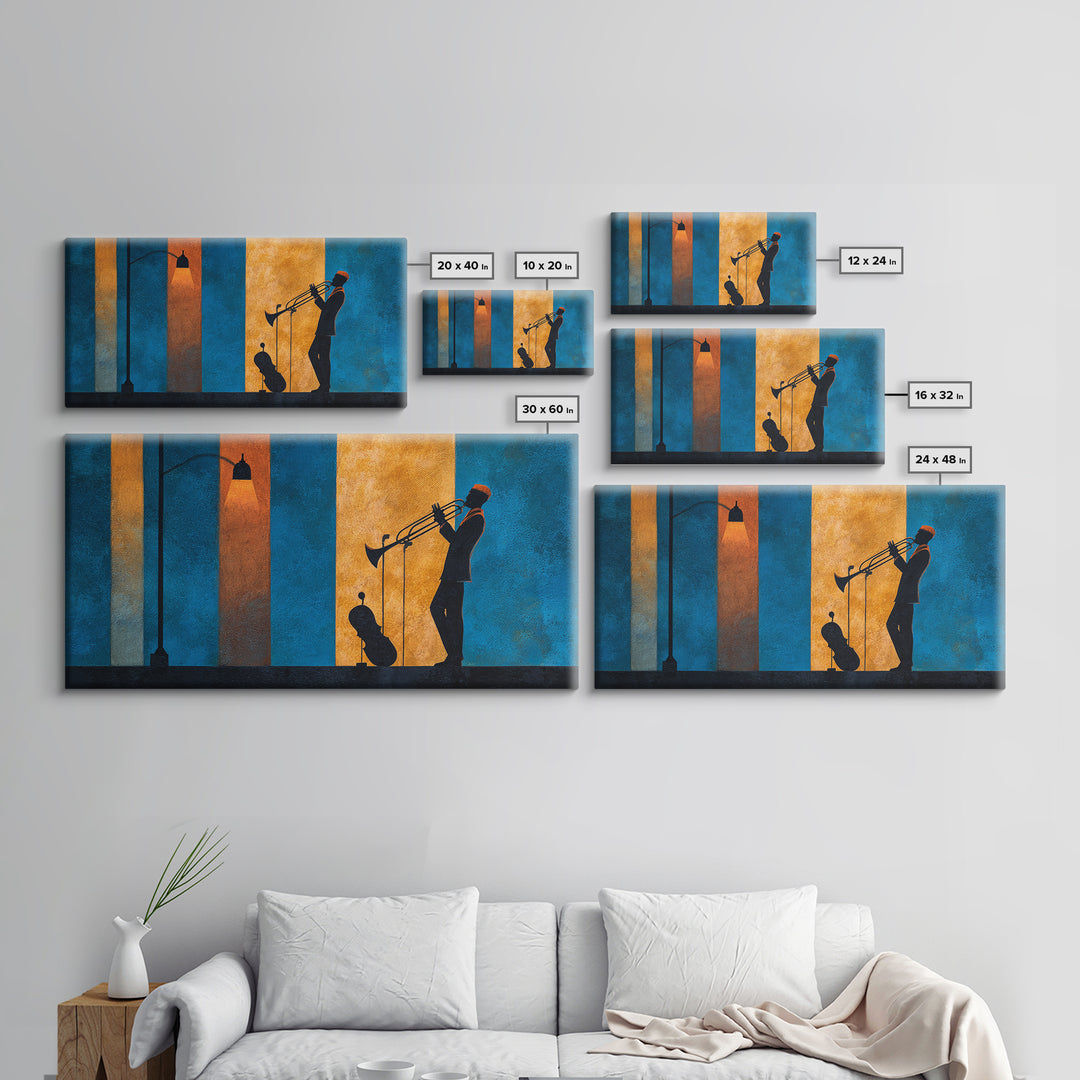 Urban Jazz Musician Silhouette Canvas Print, Urban Art, Wall Art, Living Room Decor, Watercolor Art, Urban, Digital Print, URB-2x1-36