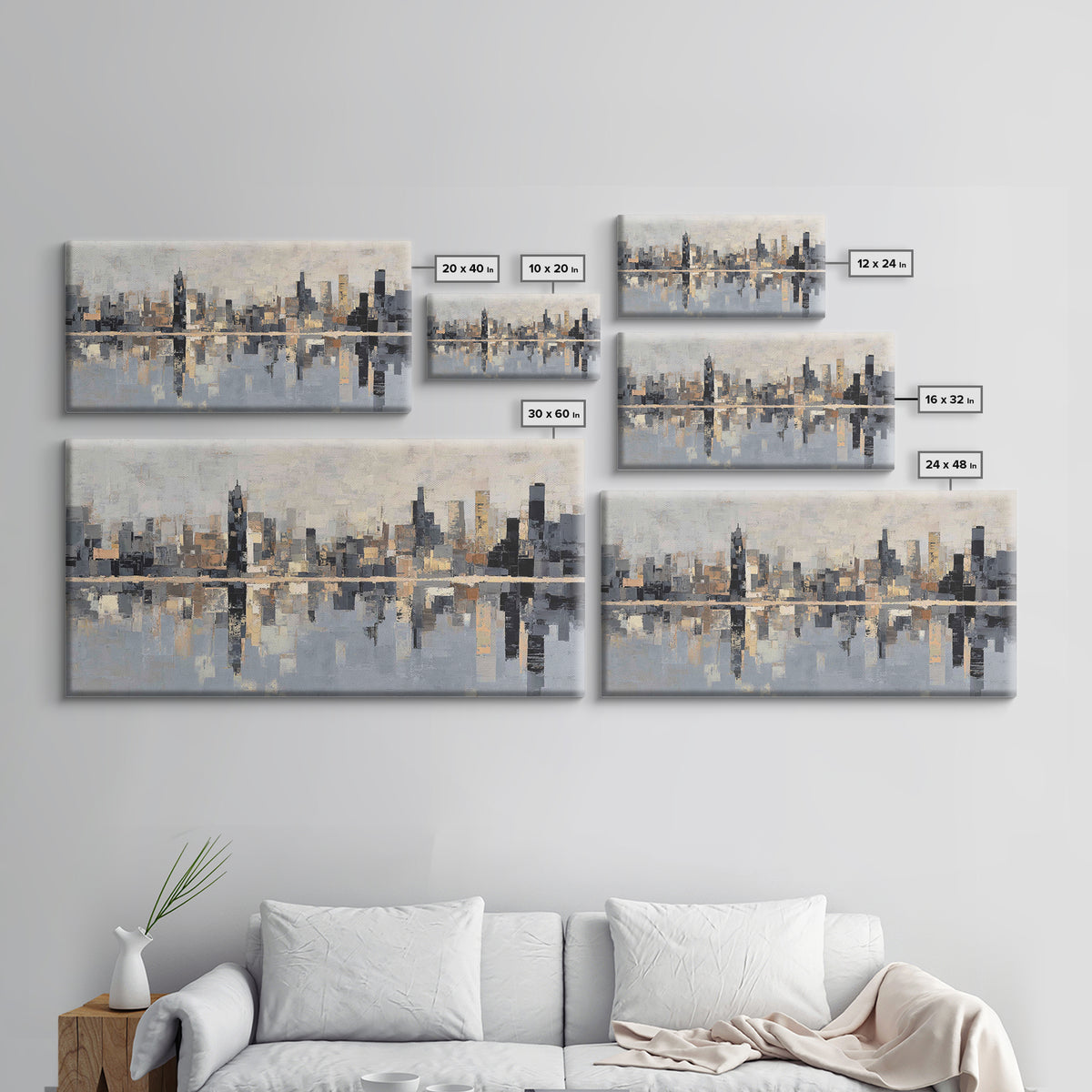 Moody City Skyline Reflected Framed Canvas Print, Urban Art, Original Painting, Living Room Decor, Urban, African American Art, URB-2x1-45
