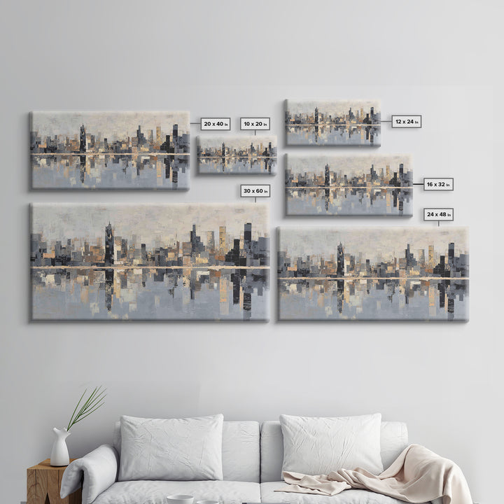 Moody City Skyline Reflected Framed Canvas Print, Urban Art, Original Painting, Living Room Decor, Urban, African American Art, URB-2x1-45