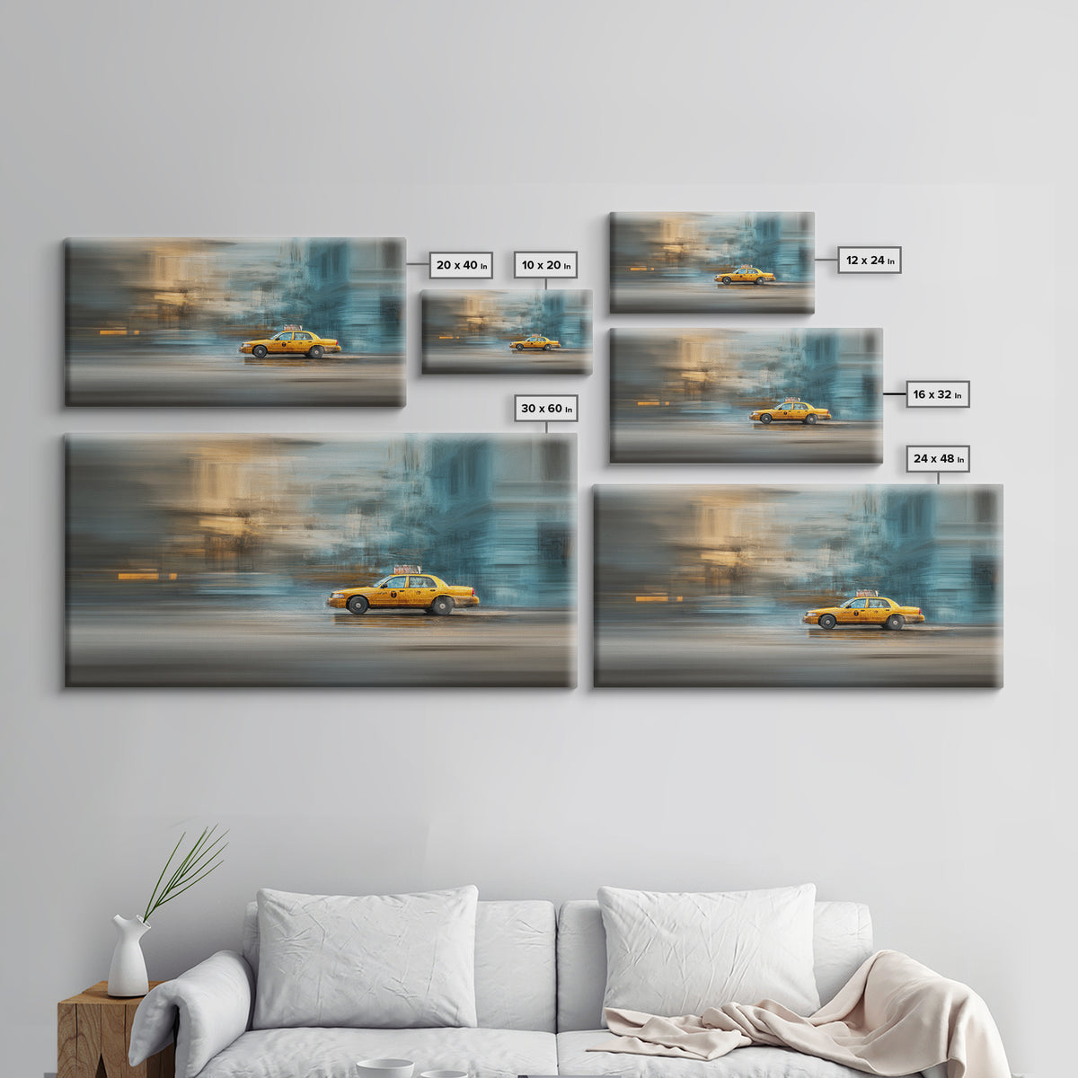 Taxi Cab Motion Blur Canvas Print, Urban Art, Black Art, Living Room Decor, Oil Painting, Urban, Canvas Painting, URB-2x1-47