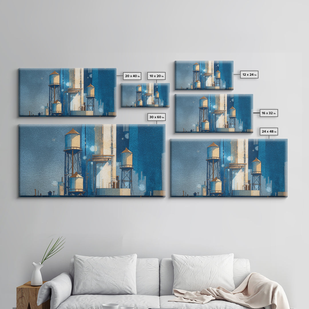 Rooftop Water Tower Framed Canvas Print, Urban Art, Poster, Living Room Decor, Watercolor Art, Urban, Modern Wall Art, URB-2x1-5