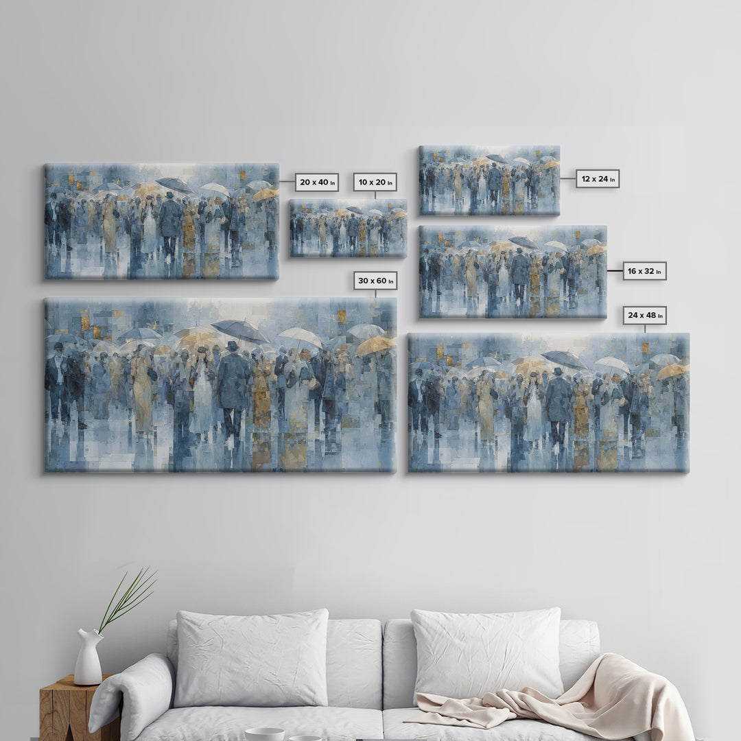 Rain Umbrella Figures Canvas Print, Urban Art, Oil Painting, Living Room Decor, Urban, Black Art Prints, Book Shelf Decor, URB-2x1-64