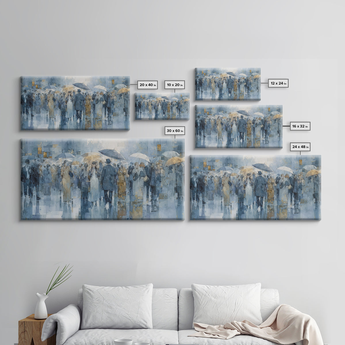 Rain Umbrella Figures Canvas Print, Urban Art, Oil Painting, Living Room Decor, Urban, Black Art Prints, Book Shelf Decor, URB-2x1-64