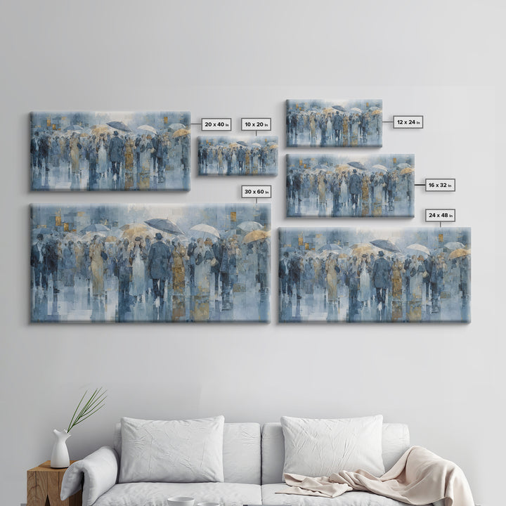 Rain Umbrella Figures Canvas Print, Urban Art, Oil Painting, Living Room Decor, Urban, Black Art Prints, Book Shelf Decor, URB-2x1-64