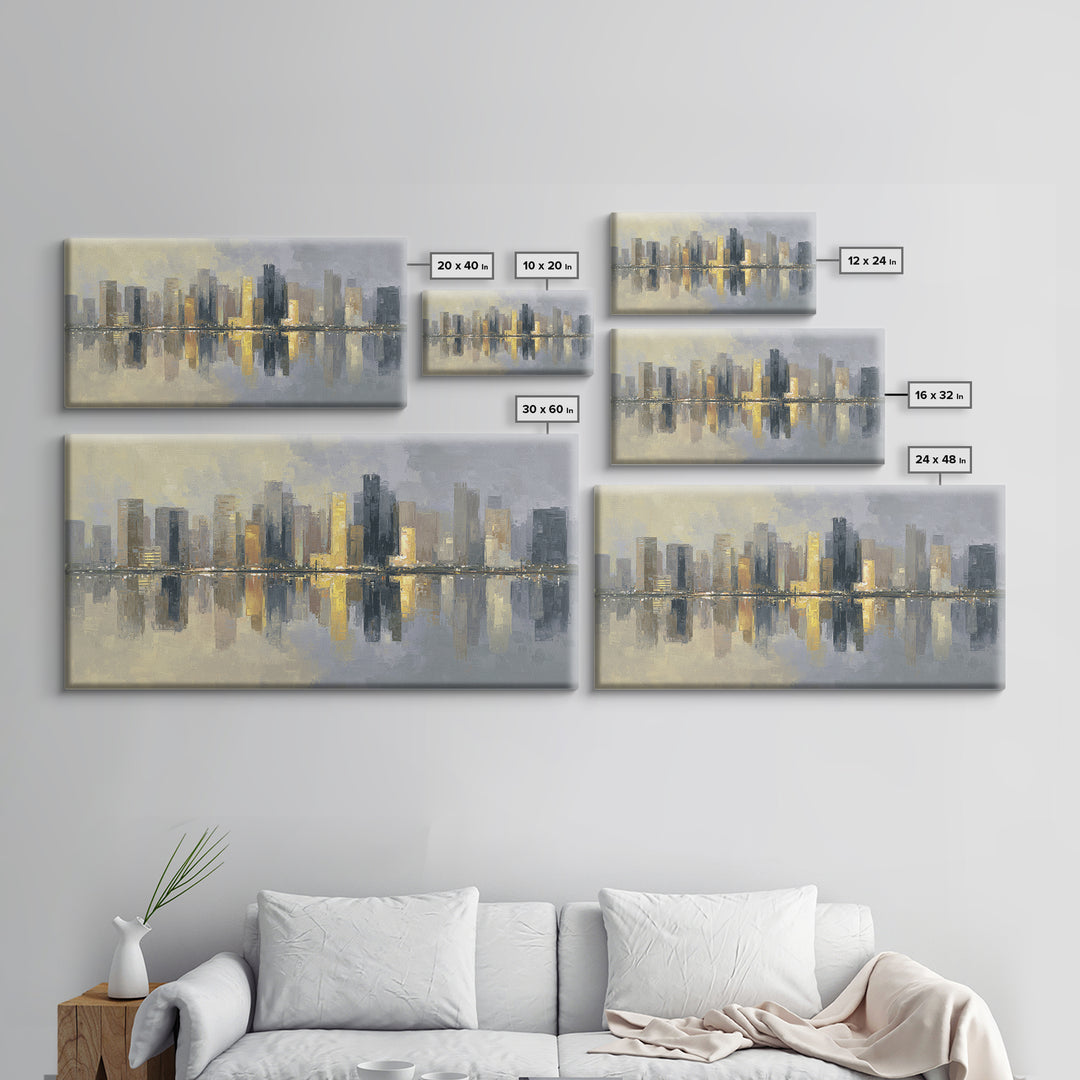 Moody City Skyline Reflected Canvas Print, Urban Art, Black Art, Living Room Decor, Abstract Art, Urban, Canvas Painting, URB-2x1-69