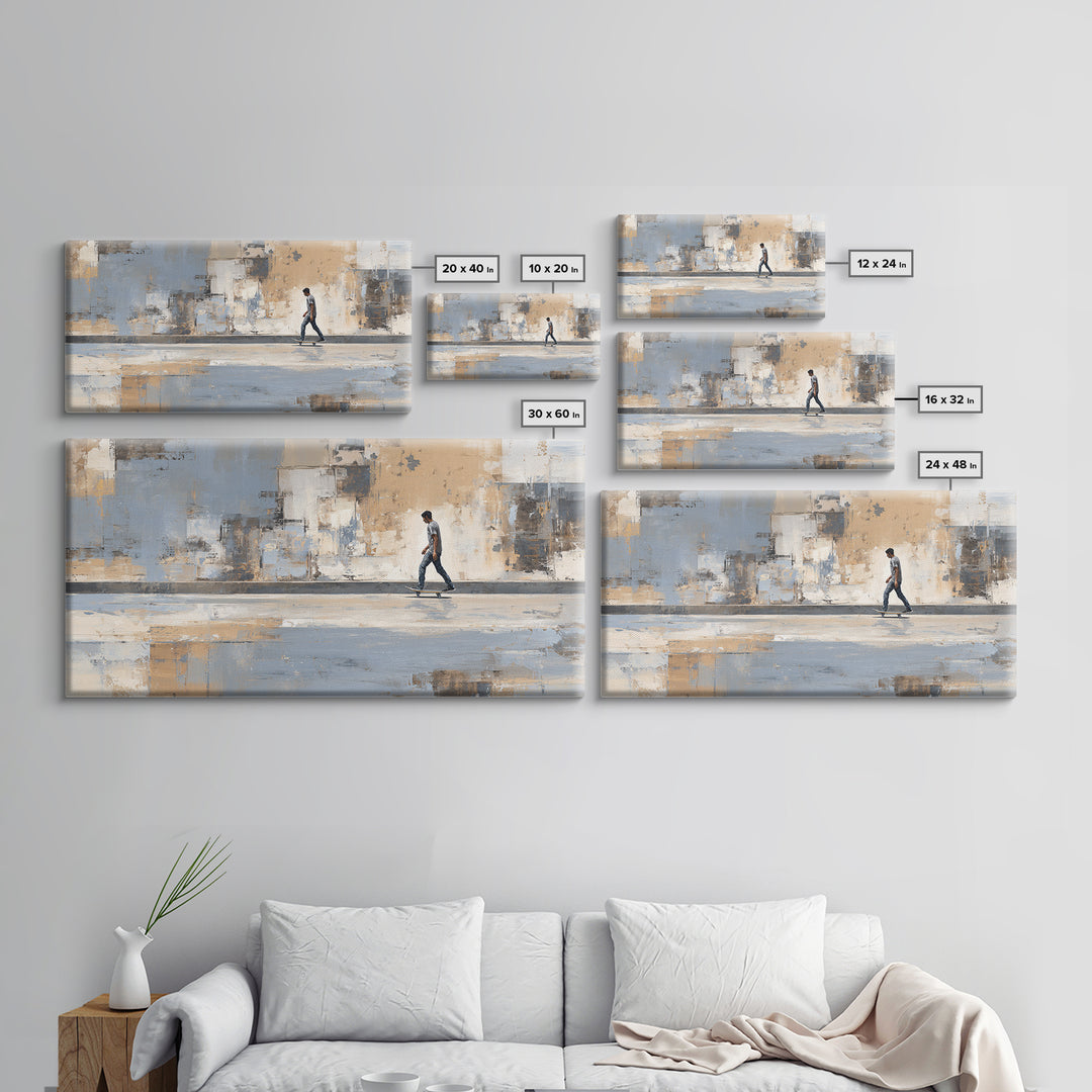 Skateboarder Crossing a Concrete Plaza Framed Canvas Print, Urban Art, Boho Decor, Living Room Decor, Fine Art, Urban, URB-2x1-75