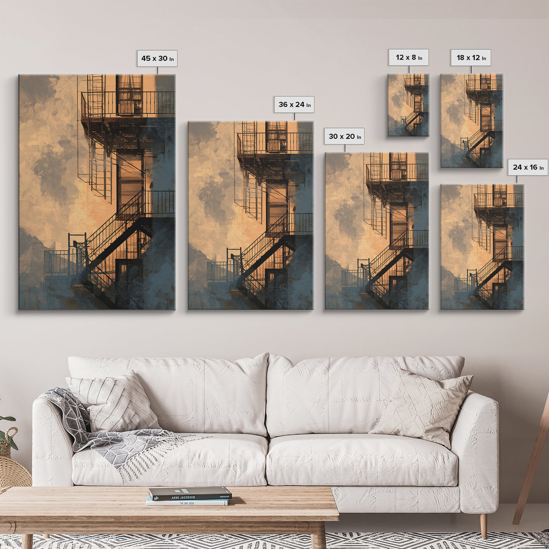 Fire Escape Silhouette Canvas Print, Urban Art, Luxury Decor, Living Room Decor, Fine Art, Urban, Oil Painting, URB-2x3-10