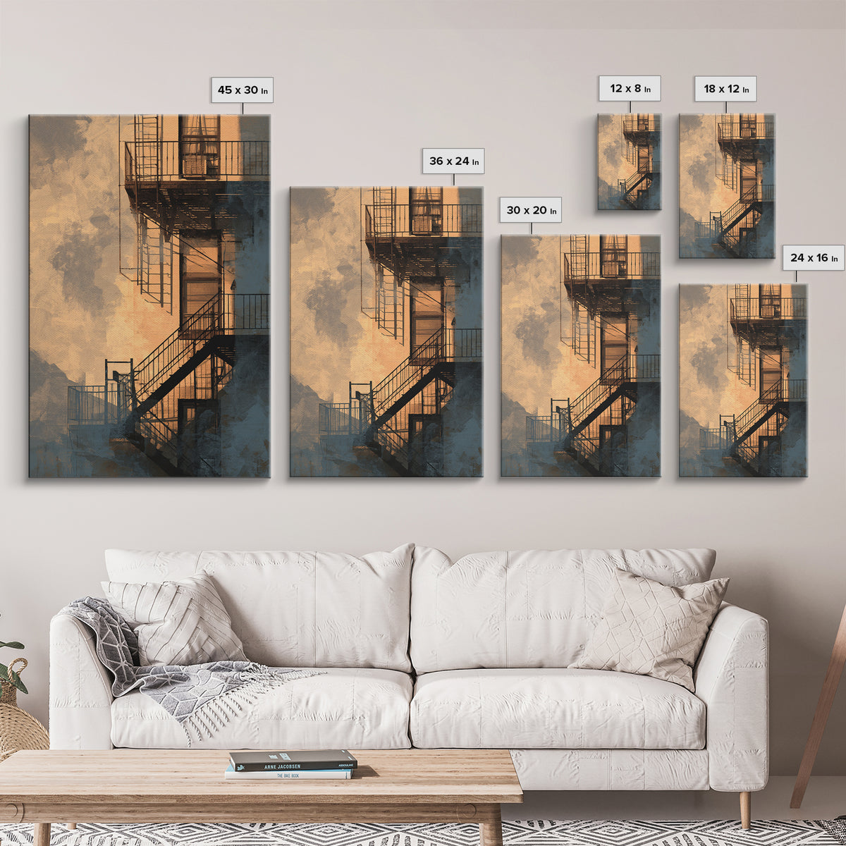 Fire Escape Silhouette Canvas Print, Urban Art, Luxury Decor, Living Room Decor, Fine Art, Urban, Oil Painting, URB-2x3-10