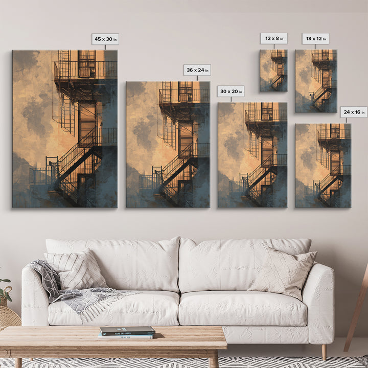 Fire Escape Silhouette Canvas Print, Urban Art, Luxury Decor, Living Room Decor, Fine Art, Urban, Oil Painting, URB-2x3-10